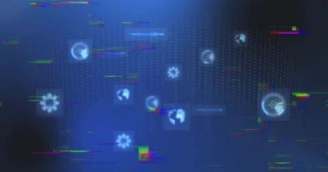 Data interface floating over grid, showing globe and gear icons, progress rings Illustrazione stock