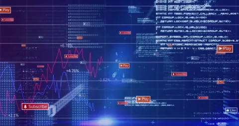 Data interface grid spawning code colored graphs oscillating icons pulsing beam Stock Footage 311224936