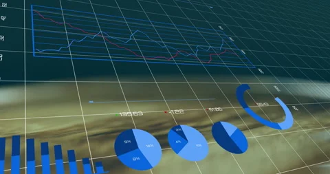 Data interface starting with bars rising rotating animating pie, ring and line Stock Footage 313308248