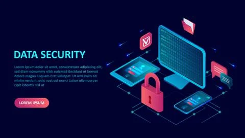Data internet security concept. Isometric vector of a computer, mobile device Stock Illustration