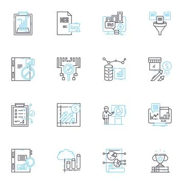 Data interpretation linear icons set. Analysis, Inference, Conclusion, Insight Stock Illustration