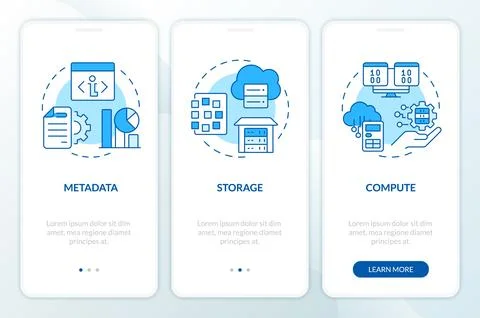 Data lake and warehouse blue onboarding mobile app screen Stock Illustration