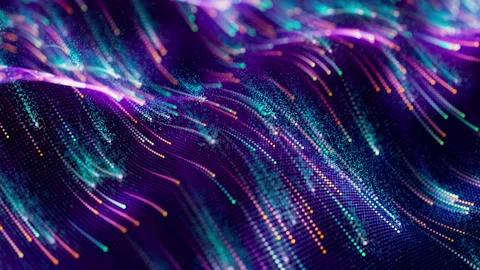 Data lake or big data. looped. Bright dots fly across the wavy grid, leaving Stock Footage 241822930