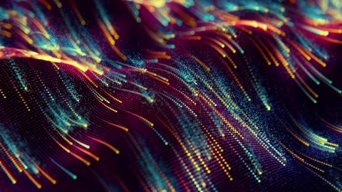 Data lake or big data. looped. Bright dots fly across the wavy grid, leaving Stock Footage 241823520