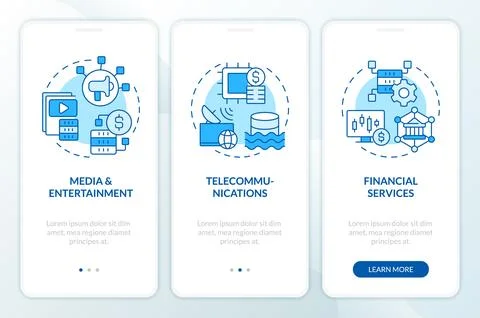 Data lake use cases blue onboarding mobile app screen Illustrazione stock