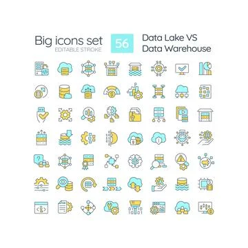 Data lake vs data warehouse RGB color icons set Stock Illustration