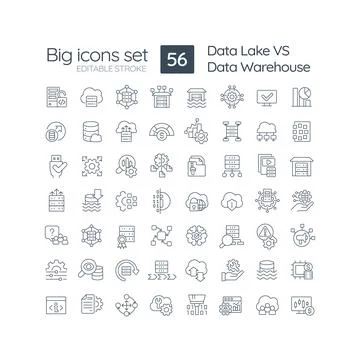 Data lake vs data warehouse linear icons set Stock Illustration