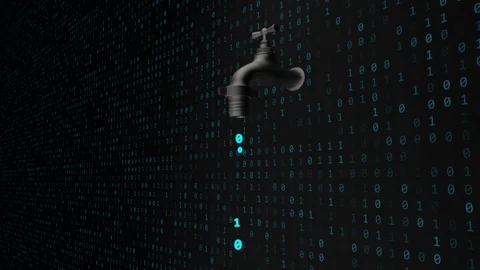 Data Leak Concept with Software Binary Code Flowing from Faucet Tap Stock Footage 123277898