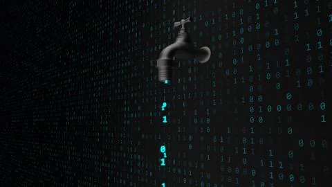 Data Leak Concept with Software Binary Code Flowing from Faucet Tap Stock Illustration