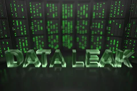 DATA LEAK text on server room background. Conceptual 3D rendering Illustrazione stock