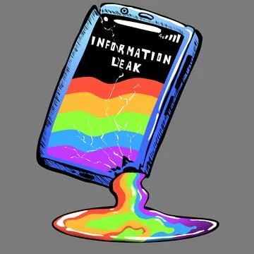 Data leakage from a smartphone in the form of a rainbow floating out through a Illustrazione stock