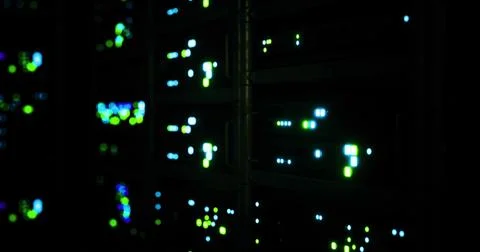 Data lights illuminate a dark server room, highlighting tech and connectivity Stock Illustration