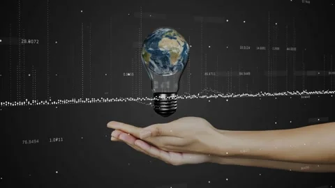 Data line sliding causing hands catching floating lightbulb Earth globe showing Stock Footage 317869154