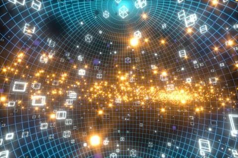 Data lines and earth model,glowing lines and cubes,3d rendering. Stock Illustration