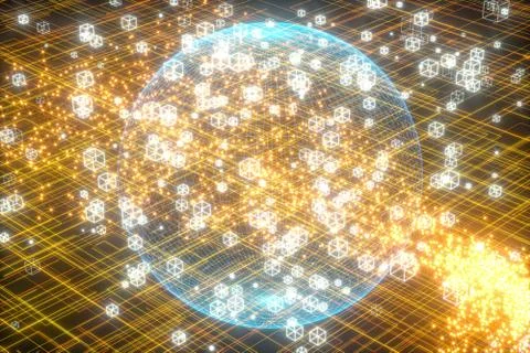 Data lines and earth model,glowing lines and cubes,3d rendering. Stock Illustration