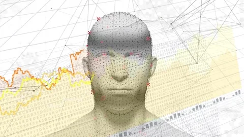 Data lines entering left crossing face as dot head forming then fading, showing Stock Footage 334725054