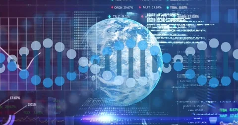 Data lines, flare activating HUD; globe rotating while dotbar chart filling for Stock Footage 330958724