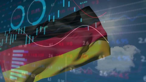 On data lines scrolling German flag fading and swaying as bars rising lines Stock Footage 310864430