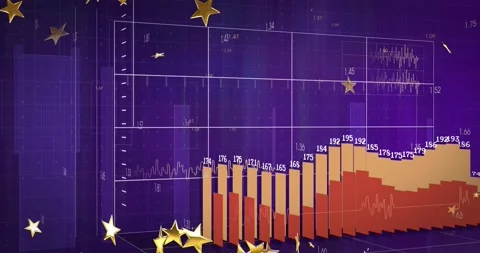 On data load 3D bar chart growing sequentially from left, stars drifting, Stock Footage 328417763