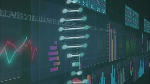 On data load clear helix moving, rotating across data wall, overlaying charts, Stock Footage 329575486