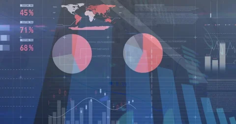On data load, dashboard elements updating charts and gauges while showing maps Stock Footage 309895457
