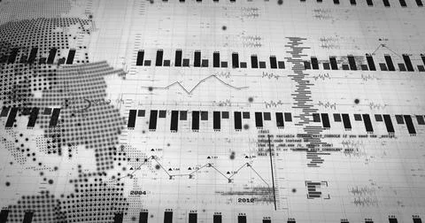 On data load dotted globe rotating while bar charts rising and lines animating, Stockillustratie
