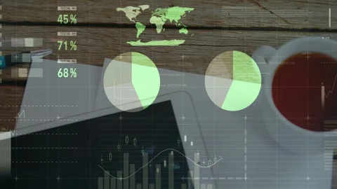 On data load layers animating above tablet device building pie, bar and line Stock Footage 329575947