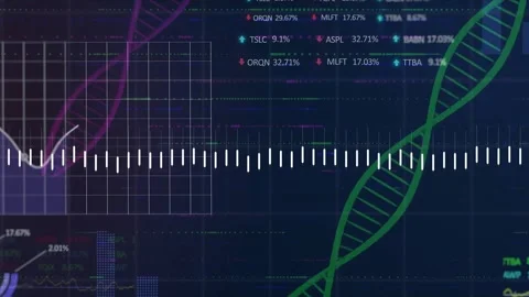 On data load, white waveform pulsing and DNA helices glowing to visualize data Stock Footage 317799663