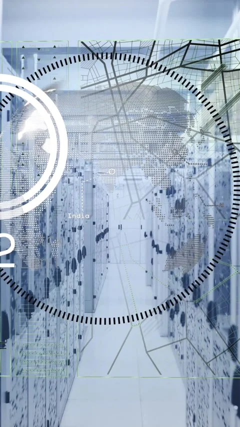 Data loading and processing, with globe and network over computer server room Stock Footage 321323462
