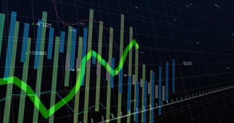 Data loading driving 3D bar chart animating green line climbing then dipping Stock Footage 314752913
