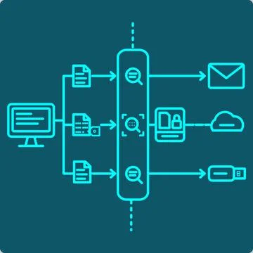 Data Loss Prevention Icon – sensitive files scanned and blocked at exit Stock Illustration