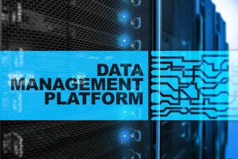 Data management and analysis platform concept on server room background. Illustrazione stock