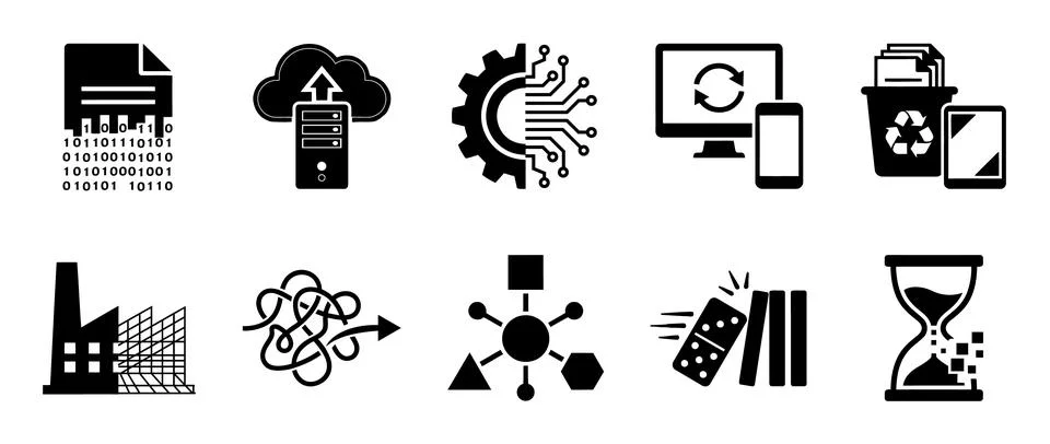 Data management and digital transformation solid icon set. Includes symbols.. Stock Illustration