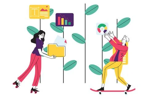 Data Management and Information Transfer on Roller Skates Illustration Illustrazione stock