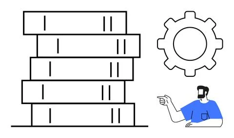 Data Management and System Configuration Stack of Books, Cogwheel, and Pers.. Illustrazione stock