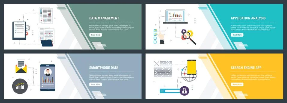 Data management, application analysis, smartphone data and search engine app. Stock Illustration