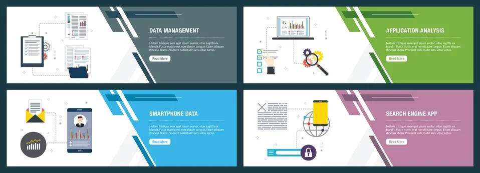 Data management, application analysis, smartphone data and search engine app. Stock Illustration