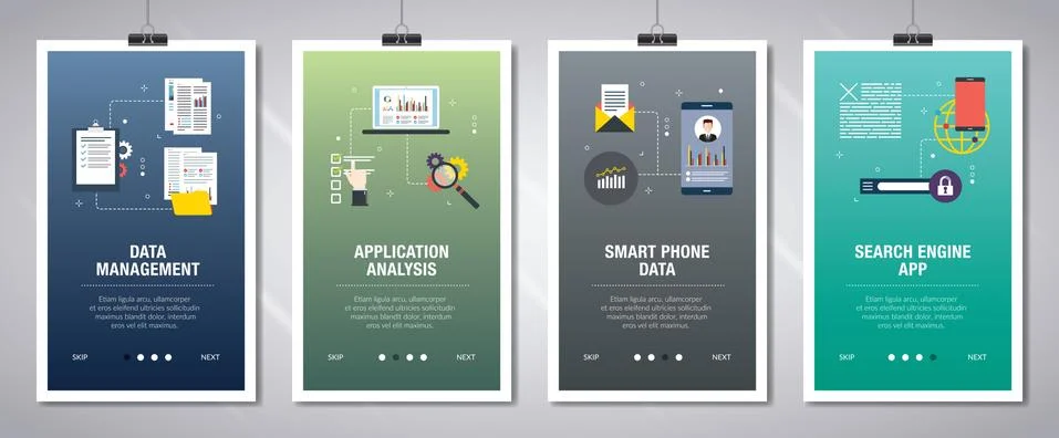 Data management, application analysis, smartphone data and search engine app. Stock Illustration