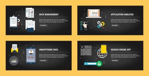 Data management, application analysis, smartphone data and search engine app. Stock Illustration