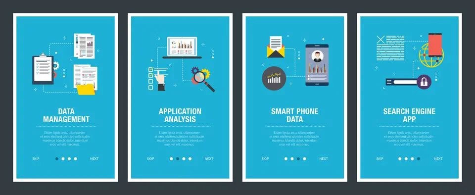 Data management, application analysis, smartphone data and search engine app. Stock Illustration
