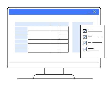 Data Management on Computer with Checklist for Organization and Evaluation Stock Illustration