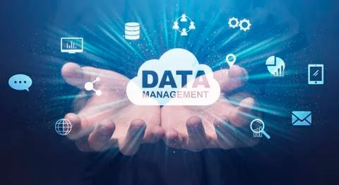 Data Management Conceptual Collage With Human Hands Holding Storage Cloud And Foto stock