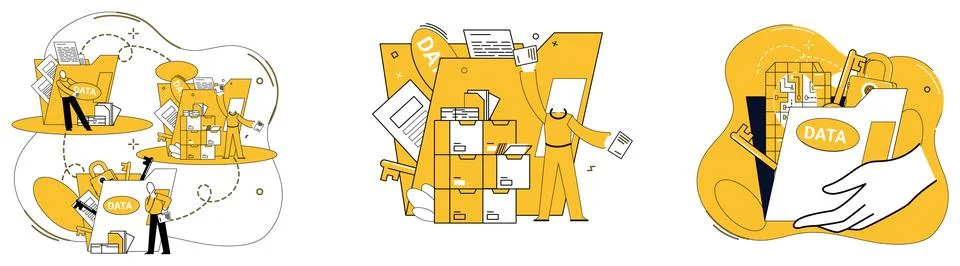 Data management. In digital age, data mining is treasure hunt in landscape Stock Illustration