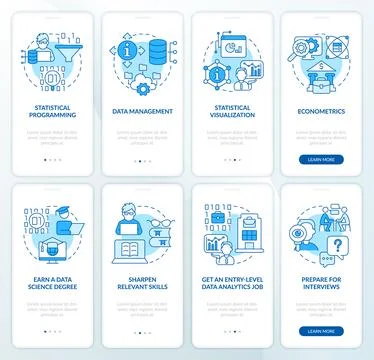 Data management expert blue onboarding mobile app screen set Stock Illustration