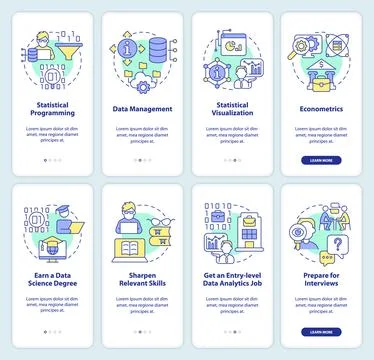 Data management expert onboarding mobile app screen set Stock Illustration