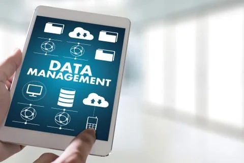 DATA MANAGEMENT File Database Cloud Network technology concept Stock Photos
