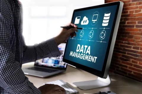 DATA MANAGEMENT File Database Cloud Network technology concept Stock Photos