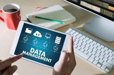 DATA MANAGEMENT File Database Cloud Network technology concept Stock Photos