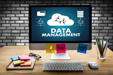 DATA MANAGEMENT File Database Cloud Network technology concept Stock Photos