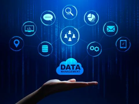 Data Management Infographic System With Different Multimedia Icons Over Male Stock Photos